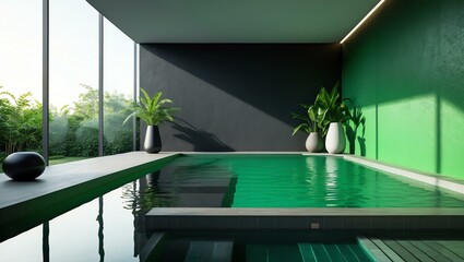 Aesthetic gradient black to green themed indoor pool interior concept