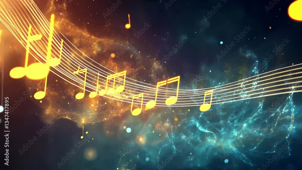 Poster melody streaming through space with musical notes flowing upward from composer m, musical note strea
