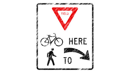 Yield Here To Trail Crossing Right Sign Illustration. Charcoal Style. Grunge. 