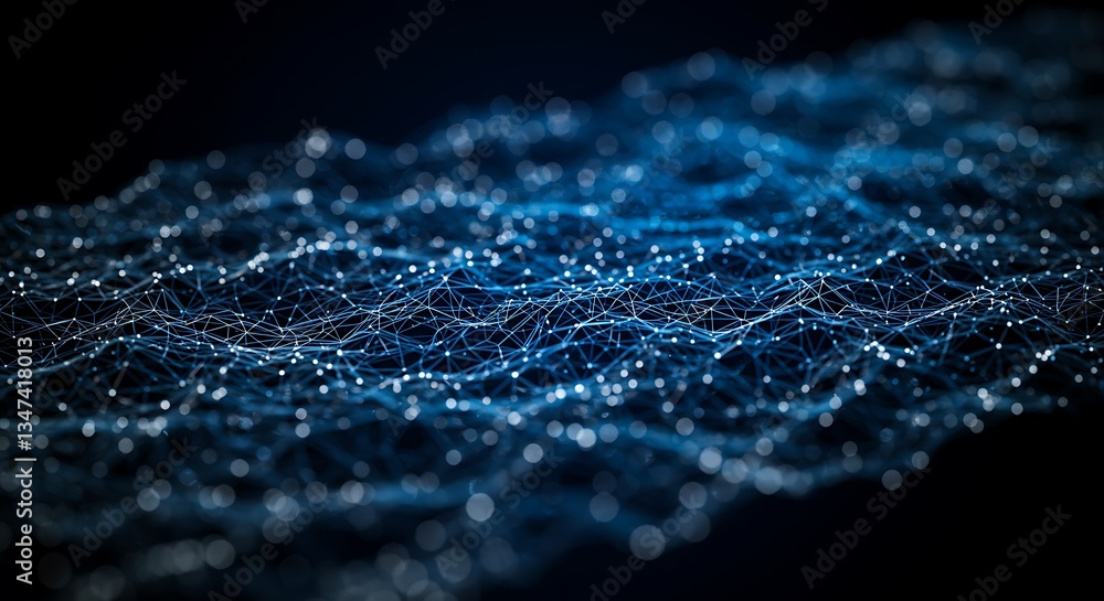 Poster wavy network interconnected lines digital data stream abstract blue 3d render