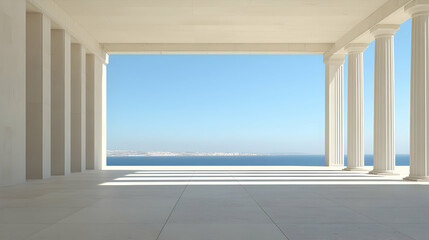 Classical Architectural Structure with White Columns Facing Blue Sea and City Skyline in Daylight