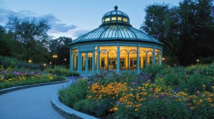 Ornate glass conservatory at twilight, surrounded by colorful flowers and a paved pathway.