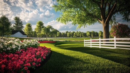 Fototapeta premium Countryside landscape, flowers, white fence, bright sun, rural scene, ideal for a peaceful setting, home, advertisement