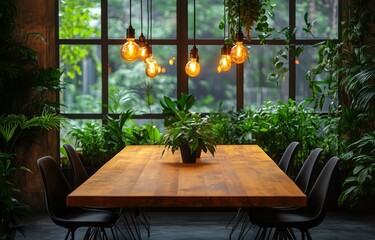 Elegant Dining Area With Hanging Lights and Greenery in a Spacious Setting