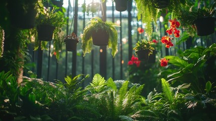 Lush indoor garden with hanging plants bathed in sunlight.