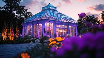 Illuminated glasshouse at twilight, surrounded by colorful flowers and landscaping.