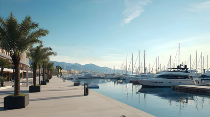 Obraz premium Modern Waterfront Marina With Luxury Yachts And Palm Trees
