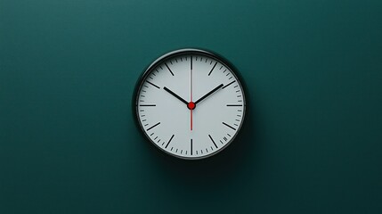 Minimalist wall clock with white face on teal. Timekeeping is the focus