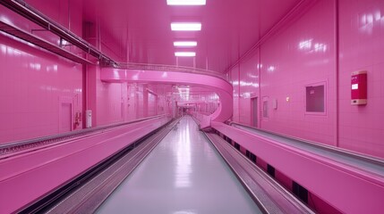 Pink conveyor belt tunnel, industrial interior, spiral ramp, emergency exits