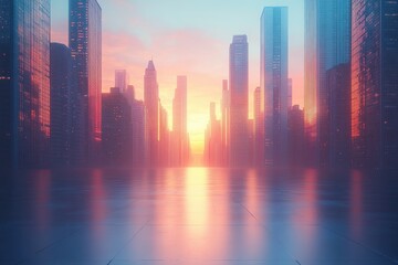 Obraz premium Urban skyline at sunrise with reflective surfaces and towering skyscrapers in a vibrant cityscape