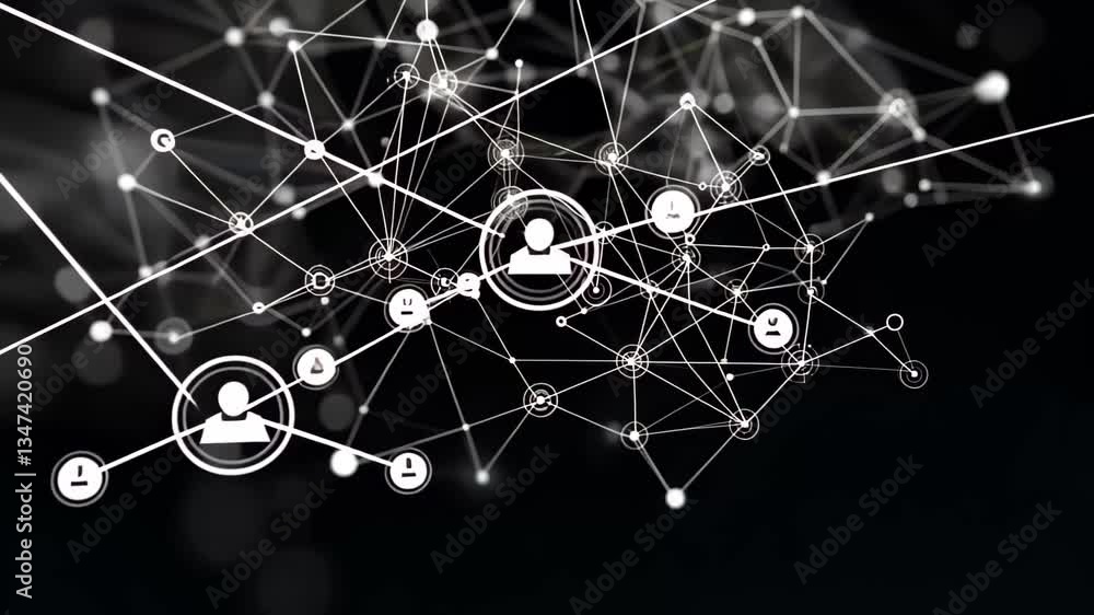Poster complex network of connections and data processing visualized against a black background, network of