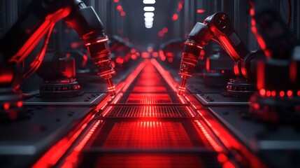 Robotic arms on a production line, illuminated by red lights, in a dark, futuristic factory.