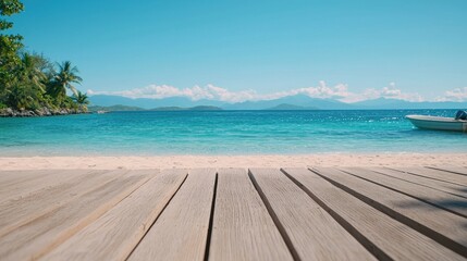 Naklejka premium A serene beach scene featuring clear blue waters, a sandy shore, and a wooden dock under a bright sky with distant mountains.