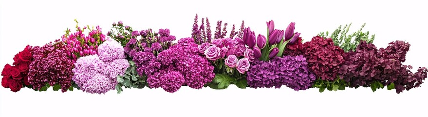 Collection of various flowers in different colors and types arranged in aesthetic minimalist style on a white background