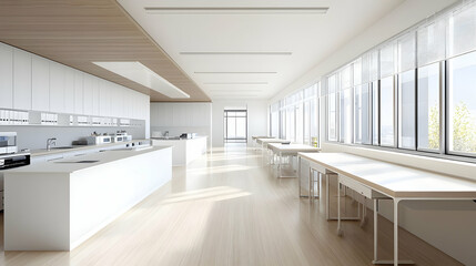 Bright Open Plan Modern Office With White Kitchen Area