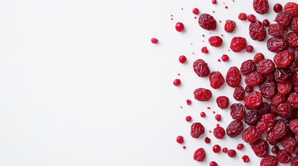 A vibrant scattering of fresh red raspberries on a white background, showcasing their juicy texture and inviting appearance.