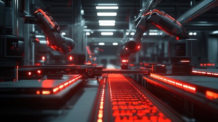 Robotic arms on a production line with red lights and conveyor belt in a modern factory.