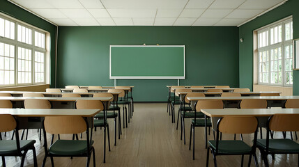 Empty Classroom With Green Walls And Wooden Furniture