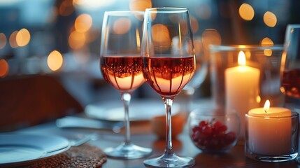 Set of wine glasses soft candlelight romantic dinner atmosphere and open space for branding