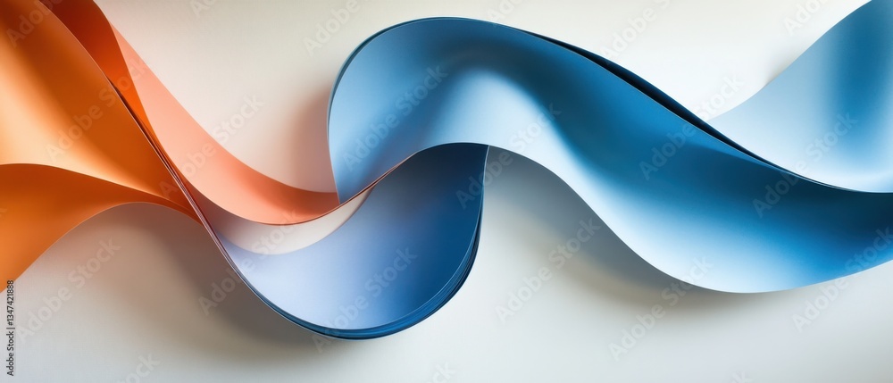 Poster abstract orange and blue paper ribbon flowing in a wave pattern on white background concept of creat