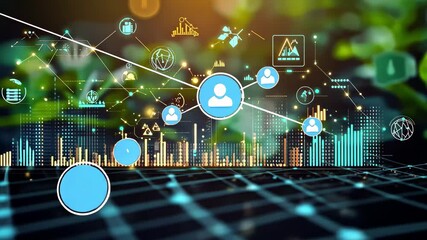 Ecology icons integrated into financial data processing on a blurred background, ecology icons over financial data processing on black background - Powered by Adobe