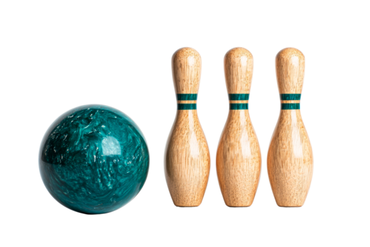 Bowling ball and three pins stand in a line, isolated objects, cut out transparent