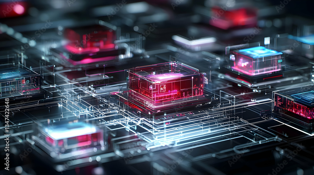Poster abstract technological circuit board design with glowing components