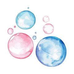 Group of colorful bubbles, with a blue and pink bubble in the center.