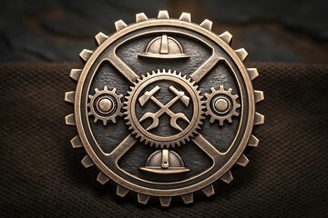 Industrial Symbol Gear Wheel with Hard Hats and Tools for Construction, Engineering, and Manufacturing Themes