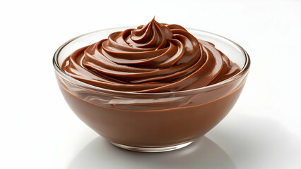 Smooth and Creamy Chocolate Dessert Swirl in a Glass Bowl Isolated on White Background
