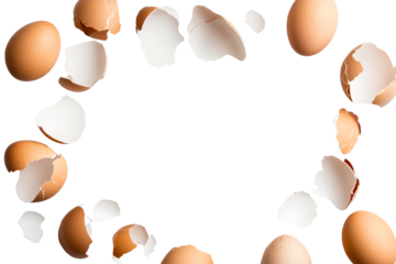 Frame of brown eggs and broken shells on black, cut out transparent