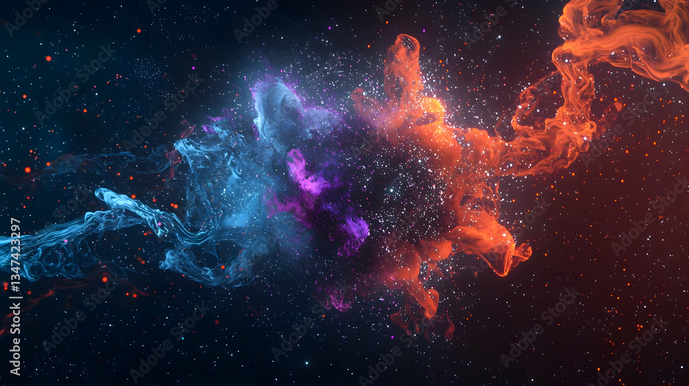 Poster abstract cosmic nebula background with blue and orange glowing particles forming a dynamic shape