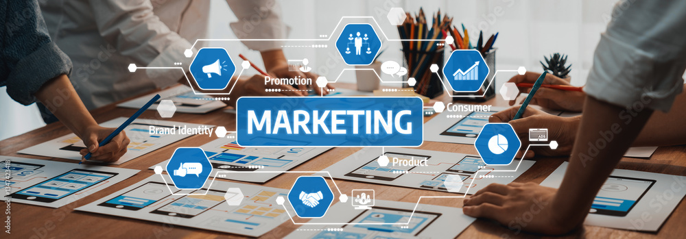 Poster collaborative marketing strategy session with digital tools and graphics for brand promotion and con