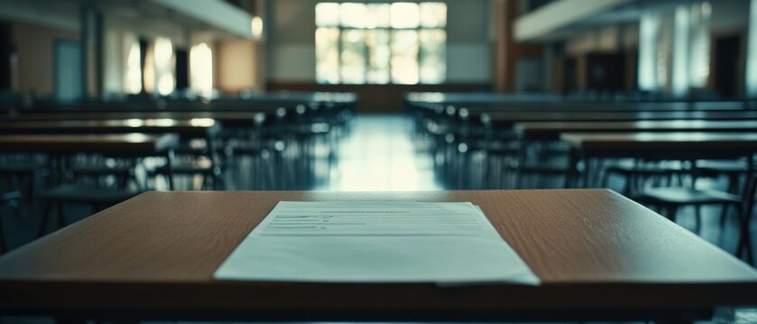 Empty examination room with test paper on desk, concept of education, exam stress, and academic pressure in school or university