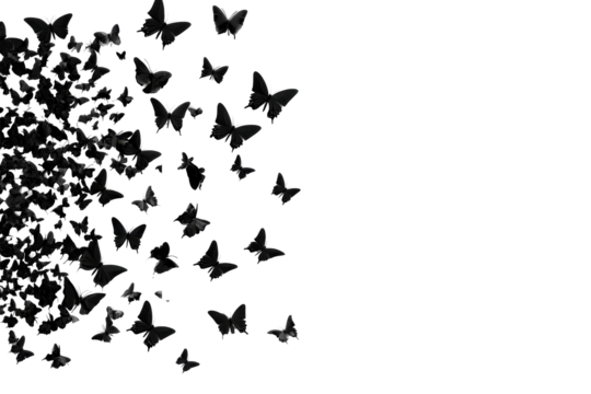 Ethereal butterflies, flowing from dark abyss, cut out transparent