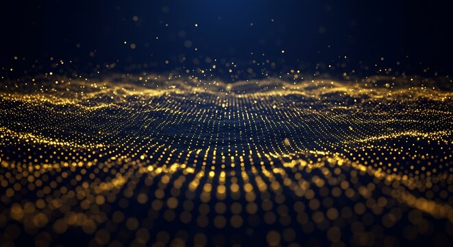 Golden Particles Flowing Wave on Dark Blue Backdrop Bokeh Effect
