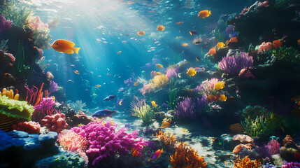 Obraz premium Underwater Coral Reef Paradise: A vibrant underwater scene teeming with colorful coral and diverse marine life, capturing the beauty and biodiversity of the ocean depths.