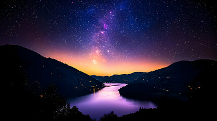 Obraz premium Majestic Night Sky Over Mountain Valley River Sunrise Sunset