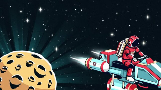 Astronaut in spacesuit pilots a sleek spacecraft, soaring through the dark expanse of space, with a detailed moon nearby and stars twinkling in the background. Animation in retro comics style