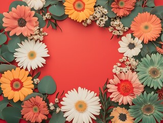 Obraz premium Colorful Gerbera Daisy Wreath for Red Background.