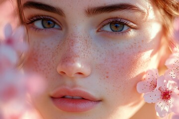 Gorgeous caucasian young woman surrounded by cherry blossoms. Commercial marketing creative. Spring mood, golden hour in sunset. Commercial spring vibe with woman in flowers.