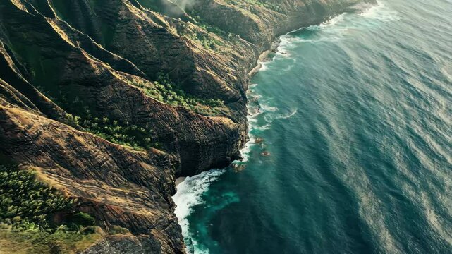 Breathtaking aerial view of Na Pali coastline in Kauai, USA showcasing dramatic cliffs and ocean waves, Aerial Na Pali mountain coastline Kauai USA travel