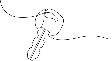Car key icon continuous one line drawing of white background, Continuous line key isolated vector, Keys with Keychain Black Stroke Linear Icon, out line pro vector illustration.