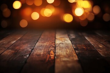 Rustic Wood Table with Warm Bokeh Lights Background for Festive Display