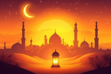Silhouette of a city with mosques and minarets under a crescent moon and a bright glowing sun