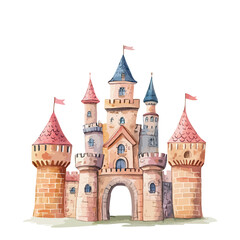 Obraz premium Castle with a blue and red roof. The castle has a large archway. There are flags on the roof.