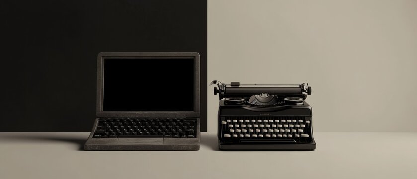 Modern laptop and vintage typewriter side by side, contrasting old and new technology for writing and communication Concept of evolution, progress, and innovation