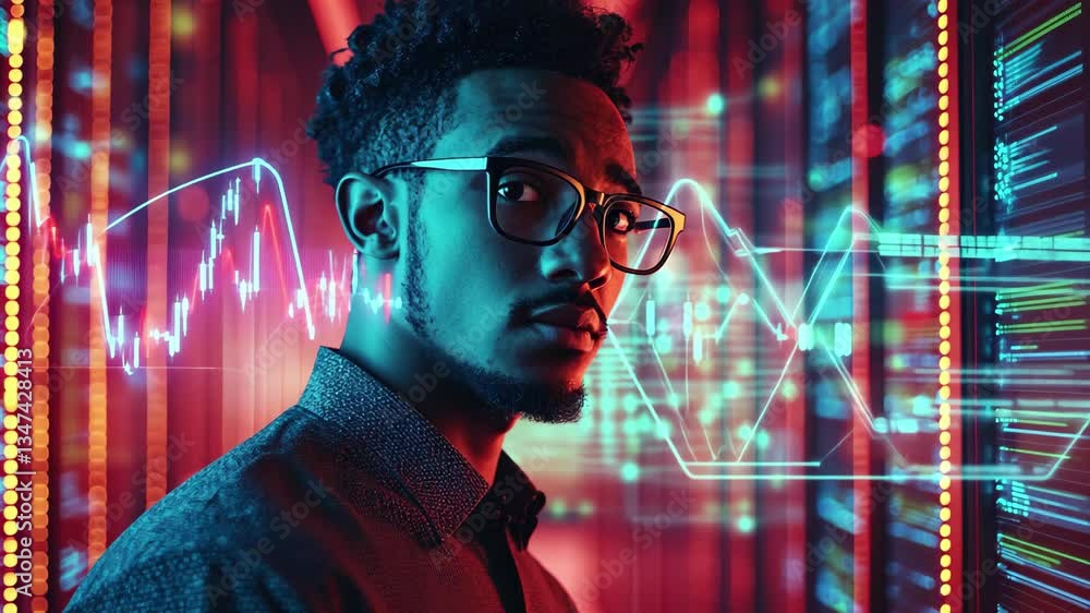 Aufkleber data processing and analysis by biracial male in a vibrant digital environment, data processing and 