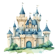Fototapeta premium Castle with a blue roof and blue flags. The castle is on a white background.