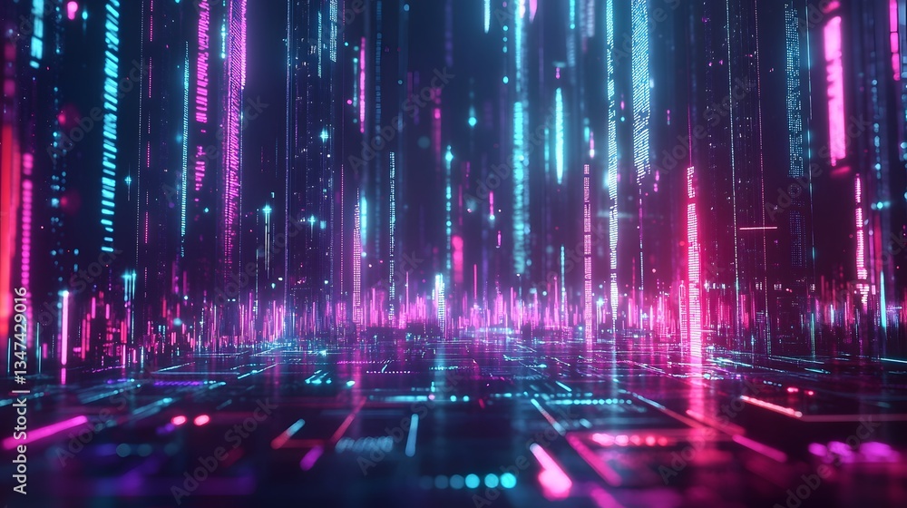 Poster a captivating digital abstract of glowing lines and streams of data, creating an immersive, futurist